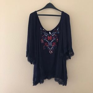 2X BOHO Navy Blue Peasant Style Embroidered Top